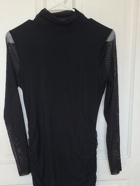 Black Sheer-Sleeve Long Sleeve Turtleneck Top